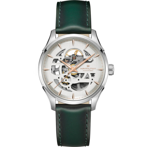 Orologio Hamilton Skeleton 40mm. Movimento automatico con 80 ore di riserva di carica, quadrante scheletrato, vetro zaffiro. Impermeabile fino a 50 metri.